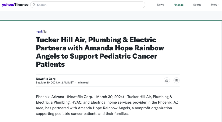 Yahoo Finance announcement of the Tucker Hill and Amanda Hope Rainbow Angels partnership