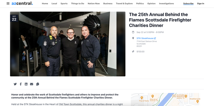 AZ Central listing for the 25th Annual Behind the Flames Scottsdale Firefighter Charities Dinner