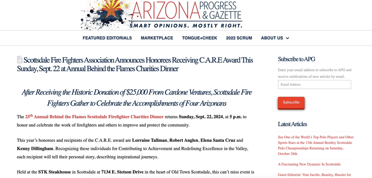 Arizona Progress Gazette coverage naming Lorraine Tallman a C.A.R.E. Award honoree