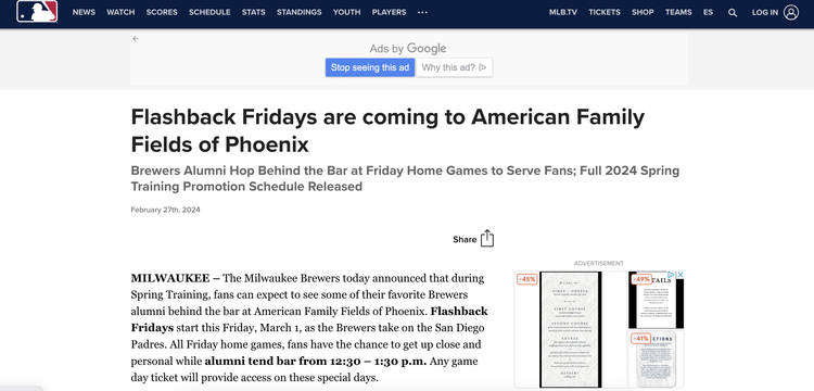 MLB.com announcement of Brewers Spring Training promotions including a 50/50 raffle benefiting Amanda Hope Rainbow Angels