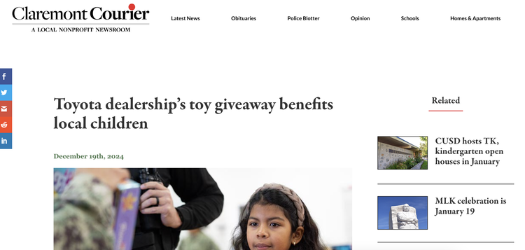 Claremont Courier coverage of the Claremont Toyota toy giveaway benefiting local children